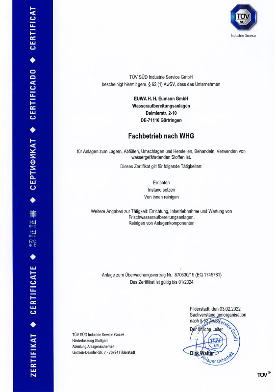 Certificate- Fachbetrieb nach WHG